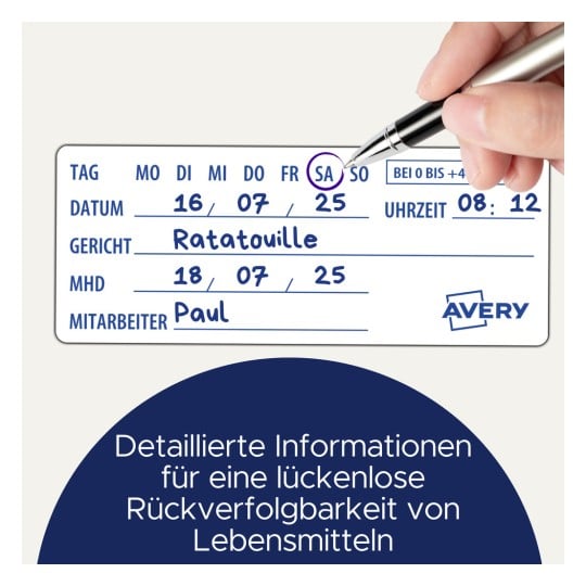 Das Bild zeigt ein Etikett mit Details zu einer Mahlzeit, speziell Ratatouille, zusammen mit Daten, einem Mitarbeiternamen und Nachverfolgungsinformationen auf Deutsch.