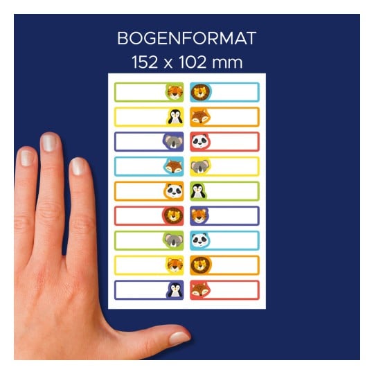 Größenvergleich mit Hand, Artikel: ETVET36A, ein Bogen Textil-Etiketten, Format: 13 x 45 mm, Farbe: