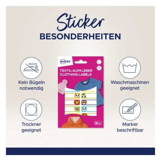 Das Bild zeigt eine Packung mit Kleidungsetiketten von Avery, die 36 Textilaufkleber enthält. Es hebt Merkmale wie kein Bügeln erforderlich, maschinenwaschbar, trocknergeeignet und mit einem Stift beschreibbar hervor, begleitet von entsprechenden Symbolen.