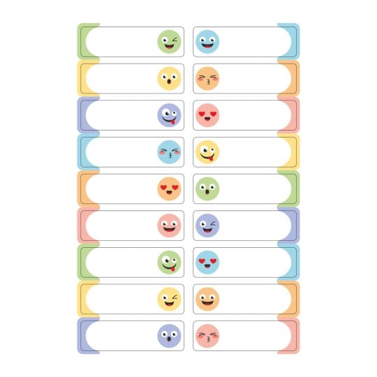 Das Bild zeigt ein Raster von Emoji-Gesichtern, die verschiedene Emotionen darstellen, mit leeren Feldern für Text oder Beschriftungen unter jedem Emoji.