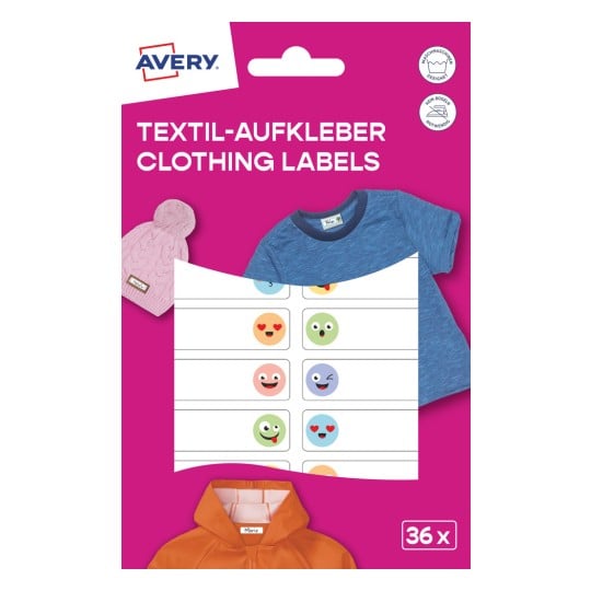 Das Bild zeigt eine Verpackung für Avery-Kleidungsetiketten mit farbenfrohen Smileys. Sie beinhaltet einen rosa Hintergrund und Abbildungen von Kleidungsstücken wie einem blauen T-Shirt, einer orangefarbenen Jacke und einem rosa Hut.