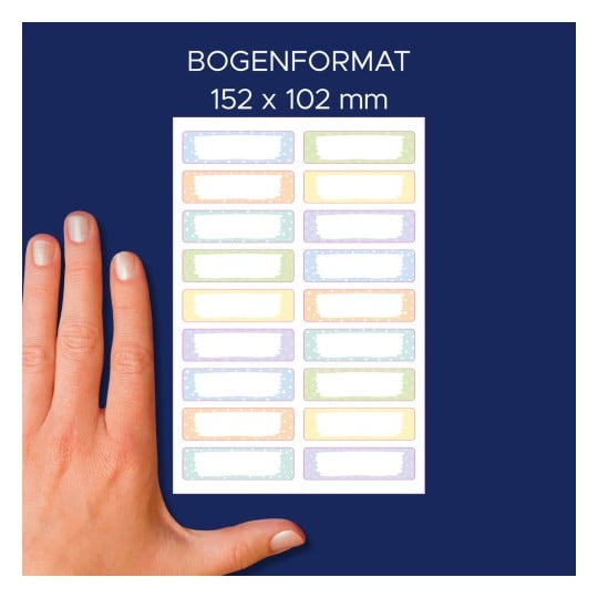 Größenvergleich mit Hand, Artikel: ETVET36M, ein Bogen Textil-Etiketten, Format: 13 x 45 mm, Farbe: