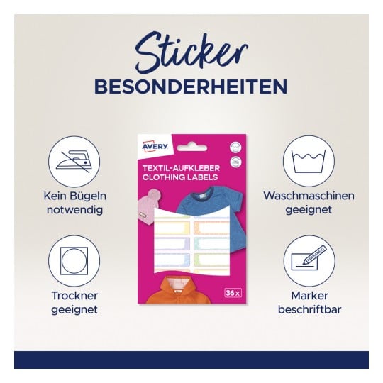 Das Bild zeigt eine Verpackung für Kleidungsetiketten von Avery. Es wird hervorgehoben, dass die Etiketten kein Bügeln erfordern, für Waschmaschinen geeignet sind, im Trockner getrocknet werden können und mit Markern beschriftet werden können. Das Design enthält Symbole, die diese Merkmale darstellen, und zeigt Beispiele für Kleidung.