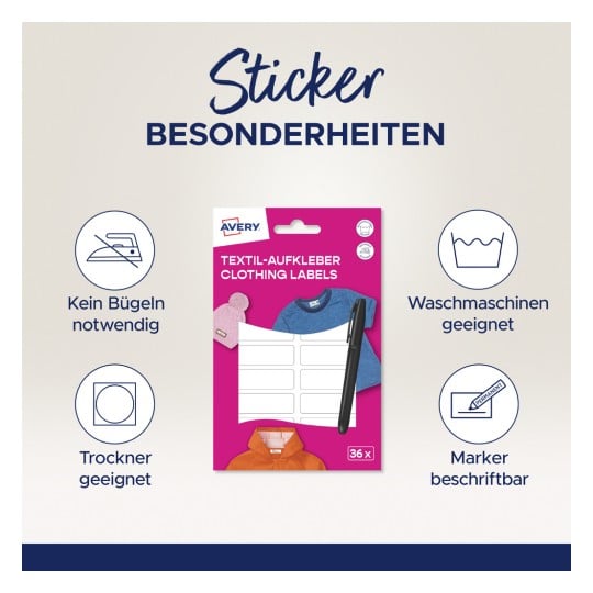 Das Bild zeigt eine Verpackung für Kleidungsaufkleber von Avery und hebt Merkmale hervor wie keine Bügelnotwendigkeit, geeignet für Waschmaschinen, trocknergeeignet und beschreibbar mit einem Permanentmarker.