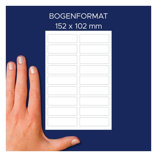 Größenvergleich mit Hand, Artikel: ETVET36, ein Bogen Textil-Etiketten, Format: 13 x 45 mm, Farbe: