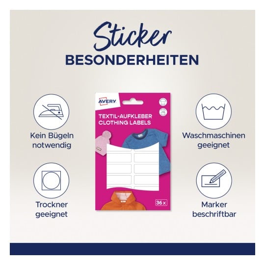 Das Bild zeigt die Verpackung für Avery Kleidungsetiketten und hebt Merkmale wie bügelfrei, maschinenwaschbar, trocknersicher und mit einem Marker beschreibbar hervor. Es enthält Illustrationen von Kleidungsstücken.