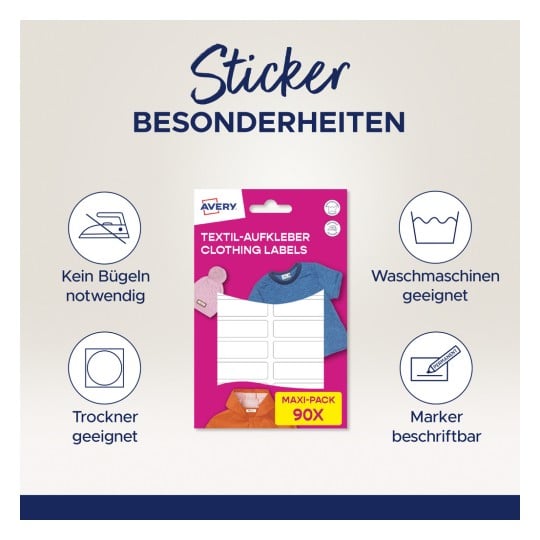 Dieses Bild zeigt ein Set von Kleidungsetiketten von Avery, das Merkmale wie maschinenwaschbar, trocknergeeignet und bügelfrei hervorhebt.
