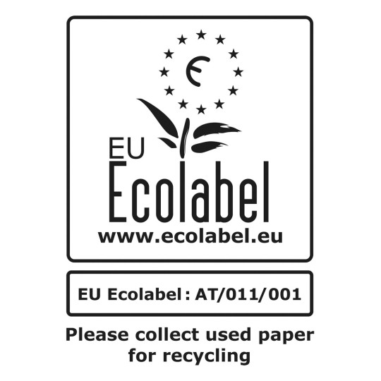 Das Bild zeigt das EU-Umweltzeichen-Logo und betont die Bedeutung des Recyclings von Altpapier. Es enthält einen Website-Link für weitere Informationen und eine Identifikationsnummer für die Umweltzertifizierung.
