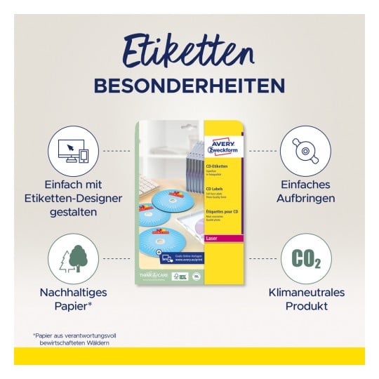 Das Bild zeigt CD-Etiketten von Avery Zweckform mit Schwerpunkten auf einfacher Gestaltung, Anwendung, nachhaltigem Papier und Klimaneutralität.
