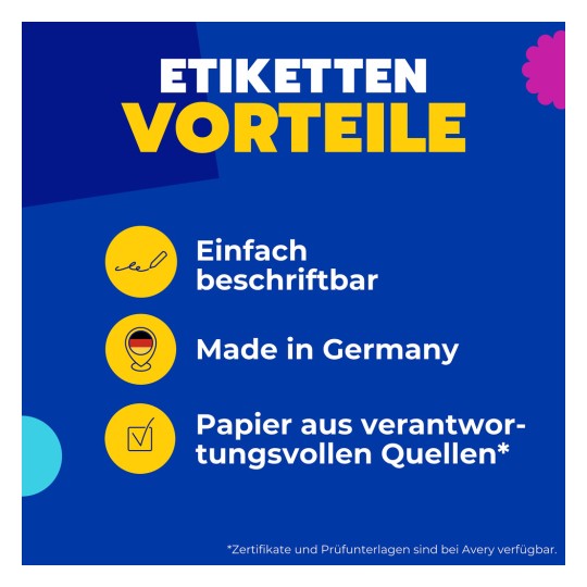 Blaues Poster mit deutschem Text, der die Vorteile eines Labels auflistet, und drei gelben Symbolen?