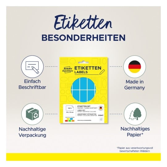 Das Bild zeigt eine Verpackung von Avery-Etiketten mit hervorgehobenen Merkmalen: beschreibbare Oberfläche, hergestellt in Deutschland und nachhaltige Verpackung. Das Etiketten-Set enthält verschiedene Farben und umfasst 108 Etiketten pro Blatt.