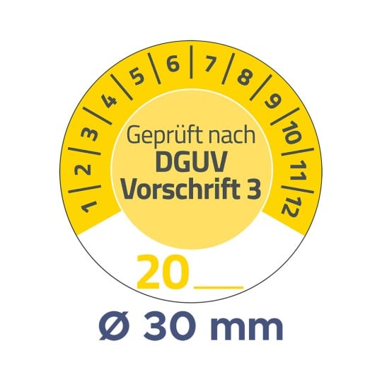 Das Bild zeigt ein rundes Messgerät mit Markierungen, die eine Messung von 20 anzeigen, und den Text 'Geprüft nach DGUV Vorschrift 3' zusammen mit einem Durchmesser von 30 mm.