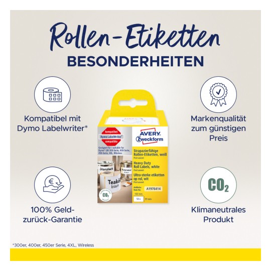 Das Bild zeigt eine Schachtel mit Roll-Etiketten, die mit dem Dymo LabelWriter kompatibel sind. Es hebt die Produkteigenschaften hervor, einschließlich hoher Qualität, permanenter Etiketten, Geld-zurück-Garantie und umweltfreundlichen Referenzen.