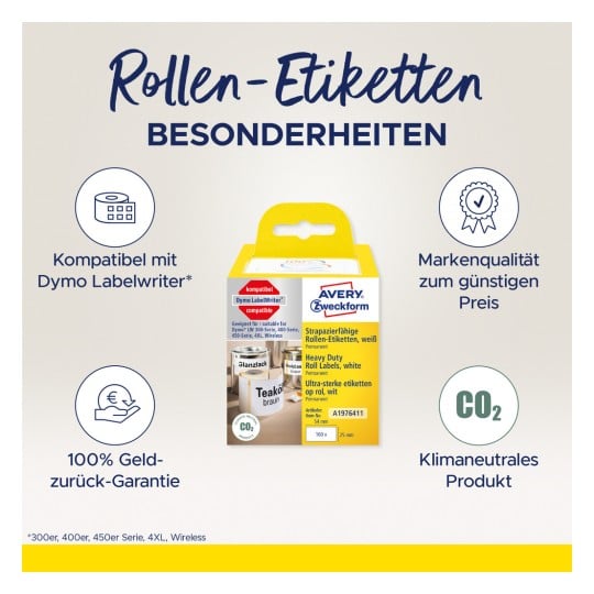 Das Bild zeigt eine Verpackung für Avery Zweckform Rollenetiketten und hebt Merkmale wie die Kompatibilität mit Dymo LabelWriter, eine Geld-zurück-Garantie, Qualität zu einem niedrigen Preis und den klimaneutralen Status hervor.