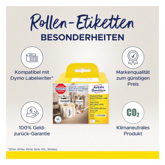 Das Bild zeigt eine Verpackung von Avery Zweckform Rollenetiketten, die die Kompatibilität mit Dymo Etikettendruckern, Qualitätssicherung zu einem guten Preis und umweltfreundliche Produktdetails hervorhebt.