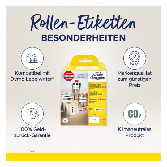 Das Bild zeigt eine Verpackung für Avery Rollenetiketten, die ihre Kompatibilität mit Dymo Labelwriter sowie Merkmale wie strapazierfähige Etiketten, Geld-zurück-Garantie und klimaneutrales Produkt hervorhebt.