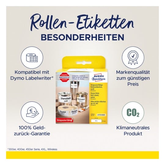 Das Bild zeigt eine Packung Rollenetiketten von Avery Zweckform. Es hebt Merkmale wie die Kompatibilität mit Dymo Labelwriter, strapazierfähige Qualität und eine Geld-zurück-Garantie hervor. Die Etiketten sind für verschiedene Anwendungen geeignet.