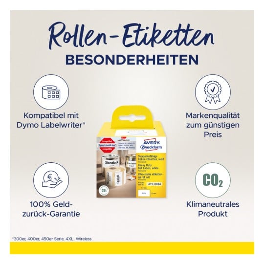 Das Bild zeigt eine Verpackung von Avery Zweckform Rollenetiketten, die ihre Kompatibilität mit dem Dymo LabelWriter, Qualitätsgarantien und umweltfreundliche Eigenschaften, einschließlich CO2-Neutralität, hervorheben.