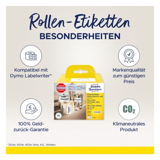 Das Bild zeigt eine Produktverpackung für Avery Zweckform Rollenetiketten, die für die Verwendung mit Dymo Labelwriters entwickelt wurden. Es hebt die Kompatibilität, Qualität zu einem wettbewerbsfähigen Preis, eine Geld-zurück-Garantie und Umweltaspekte hervor.