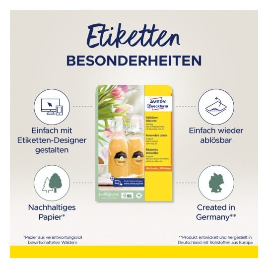 Das Bild zeigt eine Produktanzeige für abnehmbare Etiketten von Avery Zweckform, die Merkmale wie einfaches Design, Wiederverwendbarkeit, nachhaltiges Papier und die Herstellung in Deutschland hervorhebt.