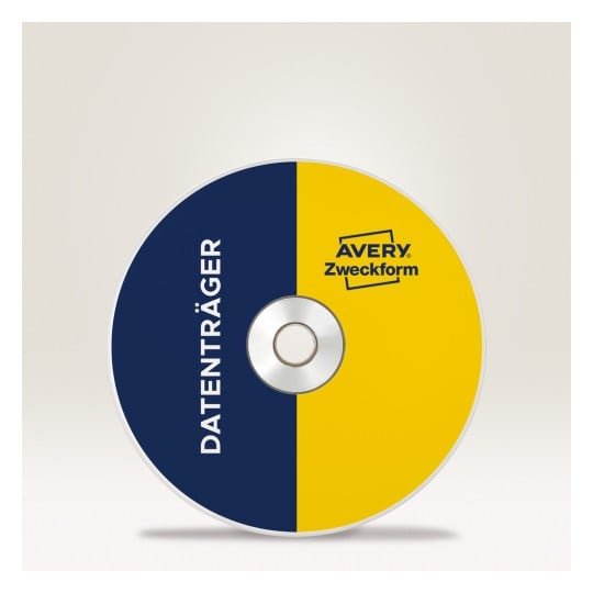 Ein Bild einer CD mit einem geteilten Design, eine Seite dunkelblau und die andere Seite gelb. Auf der blauen Seite steht in Weiß das Wort 'DATENTRÄGER' und auf der gelben Seite ist das Logo 'AVERY Zweckform' abgebildet.