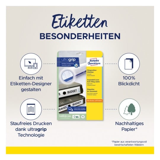 Das Bild zeigt eine Produktverpackung für Ultra-Grip-Etiketten von Avery Zweckform. Es hebt Merkmale wie einfaches Design, Kompatibilität mit allen Druckern und nachhaltige Papiernutzung hervor.