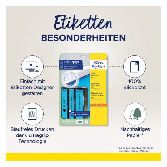 Das Bild ist eine Werbung für die Ultra-Grip-Ablageetiketten von Avery Zweckform. Es hebt Merkmale wie einfaches Design mit einem Online-Tool, staufreies Drucken, 100% Opazität und die Verwendung von nachhaltigem Papier hervor.