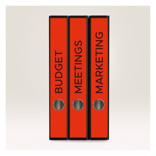 The image features three red binders labeled 'BUDGET', 'MEETINGS', and 'MARKETING'. They are arranged vertically against a light background.