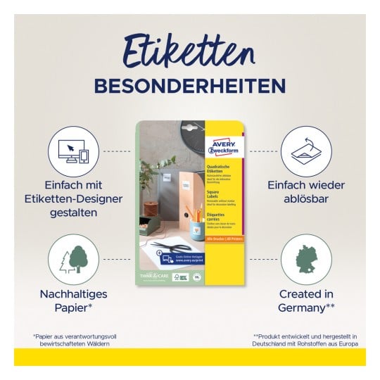 Das Bild zeigt ein Produktetikett für quadratische Etiketten von Avery Zweckform. Es hebt deren Eigenschaften hervor, wie einfaches Design mit einem Online-Tool, ablösbarer Klebstoff, nachhaltiges Papier, und dass sie in Deutschland hergestellt werden.