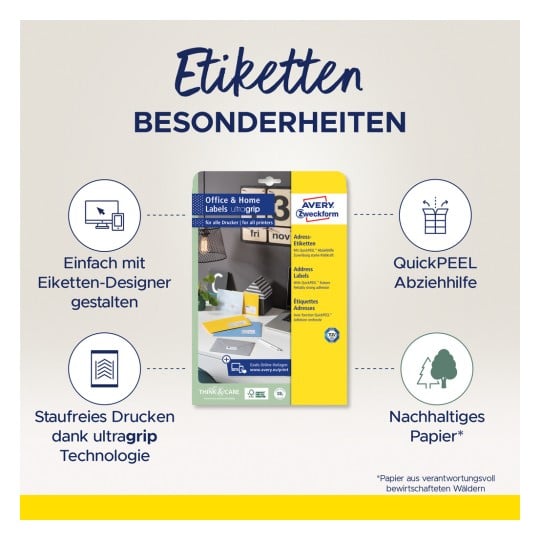 Ein Bild, das Avery-Etikettenverpackungen mit Merkmalen wie einfachem Design, QuickPEEL-Unterstützung und nachhaltigem Papier zeigt. Das Produkt wird für den Einsatz im Büro und zu Hause mit Druckerkompatibilität vermarktet.
