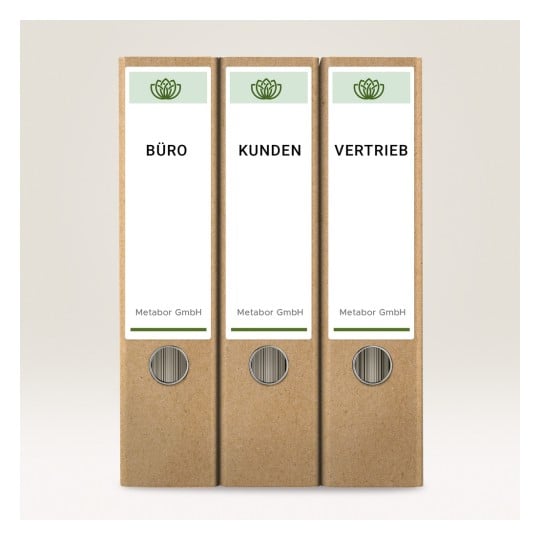 Das Bild zeigt drei braune Aktenordner mit den Aufschriften 'BÜRO', 'KUNDEN' und 'VERTRIEB', zusammen mit einem Logo und dem Branding der Metabor GmbH.