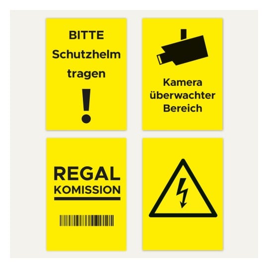 Das Bild besteht aus vier gelben Schildern. Das erste Schild fordert das Tragen eines Helms. Das zweite warnt davor, dass das Gebiet unter Kameraüberwachung steht. Das dritte weist auf eine Regalgebühr hin, und das vierte zeigt ein Symbol für elektrische Gefahren.