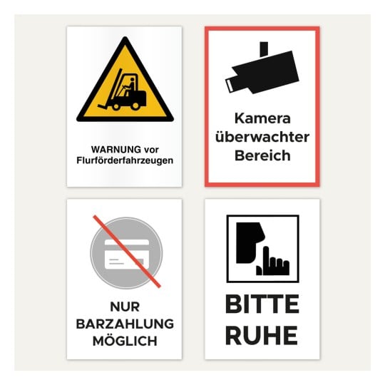 Das Bild zeigt vier Warnschilder: eine Warnung vor Gabelstaplern, ein Überwachungsbereich, ein Hinweis auf Bargeldzahlung und ein Ruhetauchen. Jedes Schild enthält Text und entsprechende Symbole, um Sicherheits- und Betriebshinweise zu vermitteln.