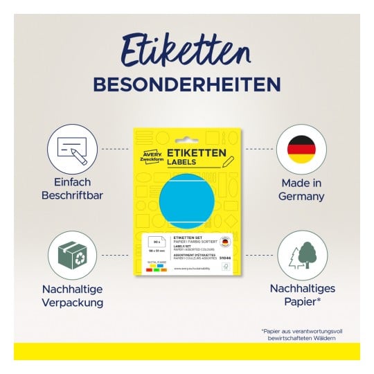 Das Bild zeigt ein Paket Etiketten von Avery Zweckform. Es hebt Merkmale wie "Leicht beschreibbar" und "Made in Germany" hervor. Die Verpackung ist als nachhaltig gekennzeichnet und besteht aus verantwortungsvoll bezogenem Papier.