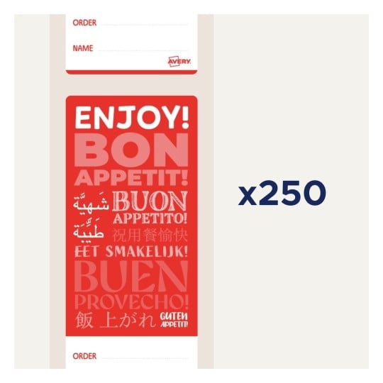 Dieses Bild zeigt ein buntes Etikett oder Schild mit dem Text 'ENJOY! BON APPETIT!' und Übersetzungen in verschiedenen Sprachen, entworfen für kontextbezogene Anwendungen im Lebensmittelbereich.