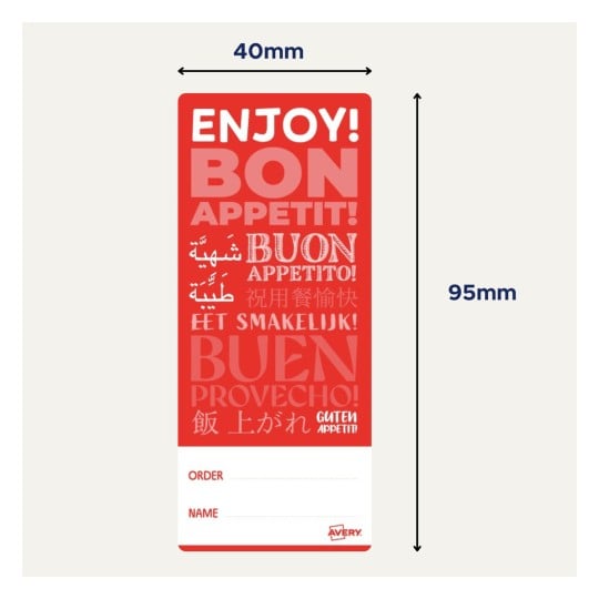 Ein rotes Etikett oder Schild mit verschiedenen Sprachen für 'Guten Appetit!' und 'Lassen Sie es sich schmecken!' sowie Felder für Bestellung und Name.