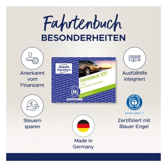Das Bild zeigt ein Produkt namens 'Fahrtenbuch 1221' von AVERY. Es hebt Merkmale wie die Anerkennung durch Finanzämter, integrierte Ausfüllhilfe und die Zertifizierung mit dem Blauen Engel für Umweltstandards hervor. Das Produkt wird in Deutschland hergestellt und soll dabei helfen, Steuern zu sparen.