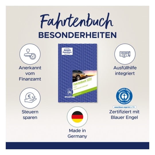 Das Bild zeigt ein Fahrtenbuch mit Funktionen wie Steuereinsparungen, Integrationshilfe, Zertifizierung mit dem Blauen Engel und Anerkennung durch das Finanzamt. Es wird in Deutschland hergestellt.