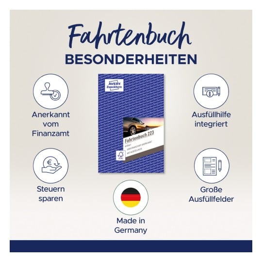 Das Bild zeigt ein Fahrtenbuch von Avery Zweckform, das durch seine Merkmale wie Steueranerkennung, integrierte Ausfüllhilfe, große ausfüllbare Felder sowie seine Herstellung in Deutschland hervorsticht.