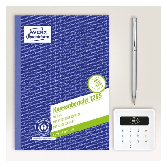 Das Bild zeigt ein Kassenbericht-Notizbuch von Avery, bestehend aus 50 Blättern mit Steuerberichtsabschnitten. Es enthält einen Stift und eine weiße Tastatur mit Touch-Funktionalität, vermutlich für elektronische Zahlungen.