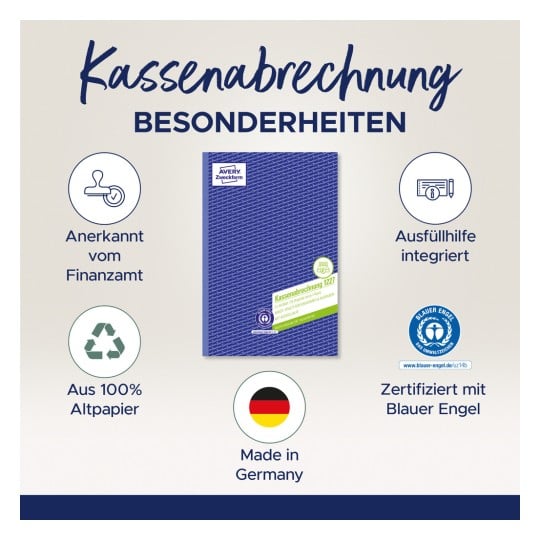 Das Bild präsentiert ein Produkt mit der Bezeichnung 'Kassenabrechnung 1227' von Avery Zweckform, das Eigenschaften wie die Anerkennung durch die Finanzbehörden, die Herstellung aus 100% recyceltem Papier und die Zertifizierung mit dem Blauen Engel Umweltzeichen hervorhebt. Es zeigt Symbole, die diese Eigenschaften rund um das Produkt darstellen.