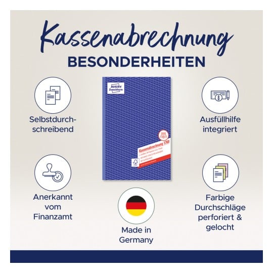Das Bild zeigt ein Produkt mit der Aufschrift 'Kassenabrechnung 1768' von Avery Zweckform, das seine Funktionen wie Selbstaufzeichnung, integrierte Unterstützung und Anerkennung durch die Steuerbehörden hervorhebt, zusammen mit einer deutschen Flagge, die anzeigt, dass es in Deutschland hergestellt wird.