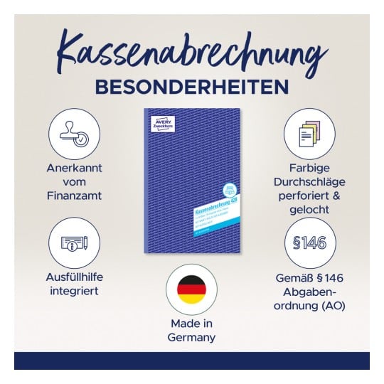 Das Bild zeigt ein Produkt mit dem Titel 'Kassenabrechnung' mit aufgelisteten Funktionen wie der Anerkennung durch das Finanzamt, integrierter Ausfüllhilfe und hergestellt in Deutschland. Es enthält Symbole, die verschiedene Funktionen repräsentieren.