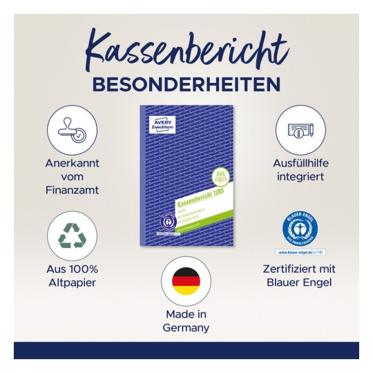 Das Bild zeigt ein Produkt mit dem Titel 'Kassenbericht 1265' von Avery Zweckform, das seine wichtigsten Merkmale hervorhebt, wie die Anerkennung durch das Finanzamt, integrierte Ausfüllhilfe, hergestellt aus 100% recyceltem Papier und zertifiziert mit dem Blauen Engel. Es ist auch mit 'Made in Germany' gekennzeichnet.