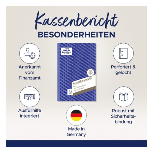 Das Bild zeigt einen Kassenbericht, der als Finanzbericht von den Steuerbehörden anerkannt wird. Es hebt seine Merkmale hervor, einschließlich Perforation, integrierte Unterstützung und robuste Bindung, und wird in Deutschland hergestellt.
