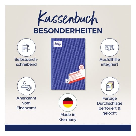 Das Bild zeigt ein Kassenbuch mit wesentlichen Merkmalen. Es ist selbstschreibend, enthält integrierte Ausfüllhilfe, wird vom Finanzamt anerkannt, hat farbig perforierte und gelochte Seiten und ist in Deutschland hergestellt.
