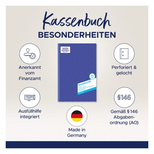 Das Bild zeigt ein Kassenbuch mit hervorgehobenen wichtigen Merkmalen, wie etwa anerkannt von den Finanzbehörden, integrierte Ausfüllhilfe, perforiert und gelocht, und hergestellt in Deutschland. Es erwähnt § 146 der Abgabenordnung.