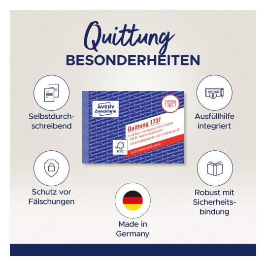 Das Bild zeigt ein Produkt namens 'Quittung 1737' von Avery Zweckform, das verschiedene Merkmale hervorhebt, wie selbstschreibend, integrierte Hilfestellung, Schutz vor Fälschungen und eine robuste Sicherheitsbindung. Das Produkt wird in Deutschland hergestellt.