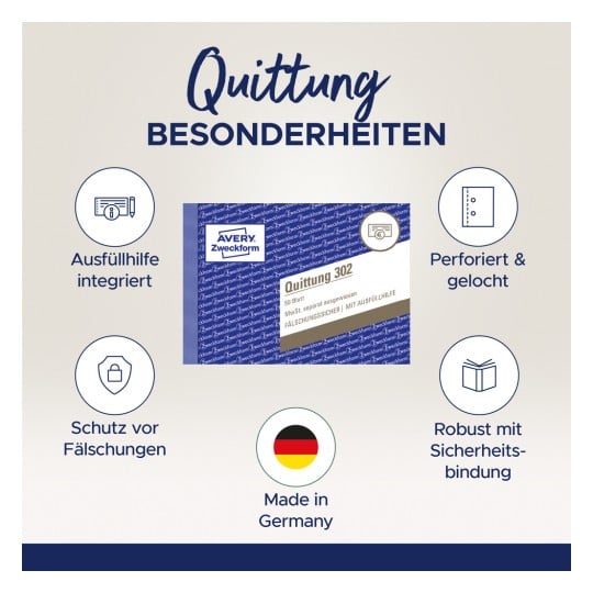 Das Bild zeigt eine Produktverpackung für 'Avery Zweckform Quittung 302' und hebt deren besondere Merkmale hervor, wie integrierte Ausfüllhilfe, Perforation, Fälschungssicherheit und Robustheit, zusammen mit einer deutschen Flagge, die anzeigt, dass das Produkt in Deutschland hergestellt wird.