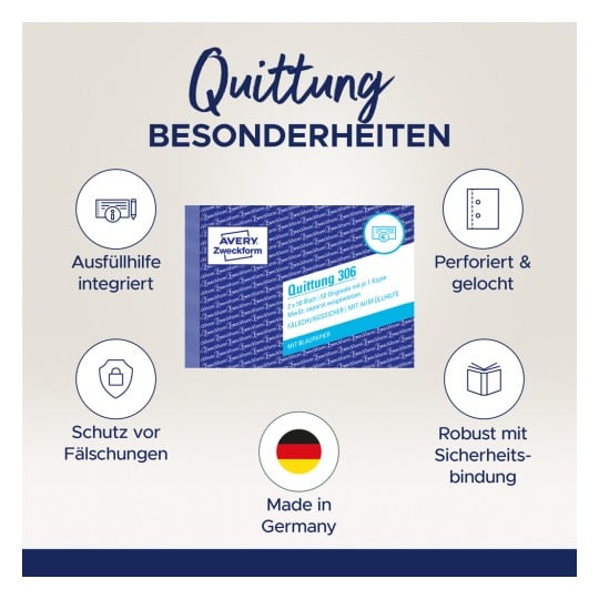 Das Bild zeigt ein Produkt mit dem Titel 'Quittung 306' von Avery Zweckform. Es umfasst Merkmale wie integrierte Ausfüllhilfen, Schutz gegen Fälschung und wird in Deutschland hergestellt. Die Verpackung beschreibt, dass es 50 Originalquittungen mit Perforation und Lochung enthält und robust mit einer Sicherheitsbindung ist.